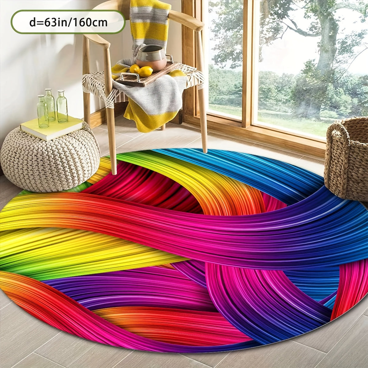 Tapis rond rubans multicolores brillants lavable, Ø 120