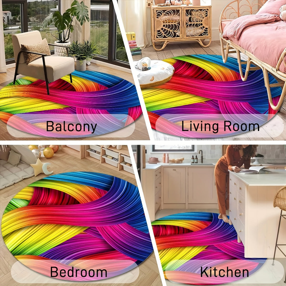 Tapis rond rubans multicolores brillants lavable, Ø 120