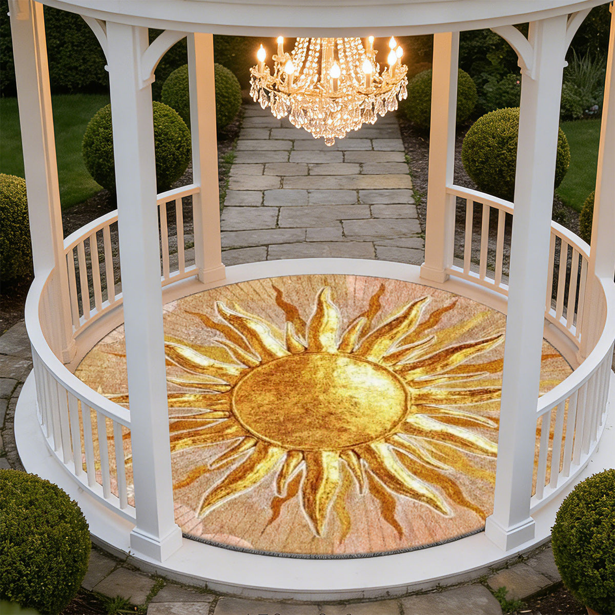 Tapis rond sable au soleil doré rayonnant, quatre tailles