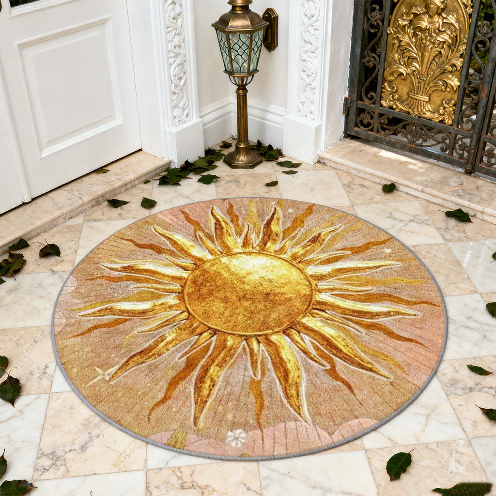 Tapis rond sable au soleil doré rayonnant, quatre tailles