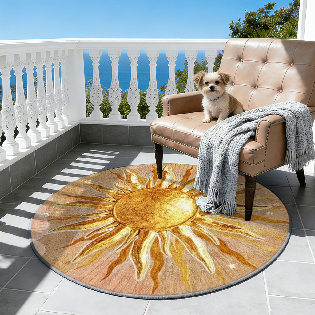 Tapis rond sable au soleil doré rayonnant, quatre tailles