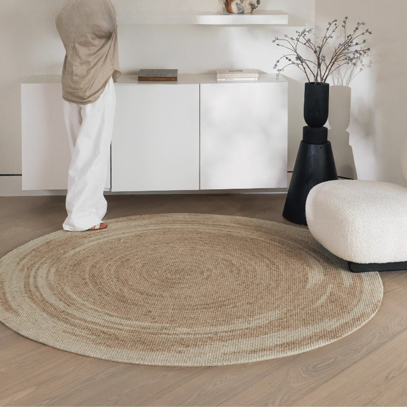 Tapis rond sable façon tressage, dix millimètres de velours
