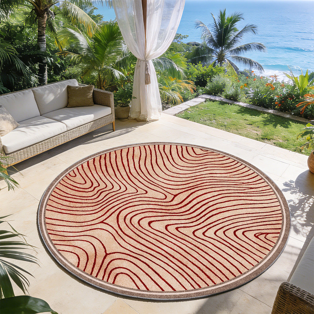 Tapis rond sable à vagues rouge profond en courbes tracées