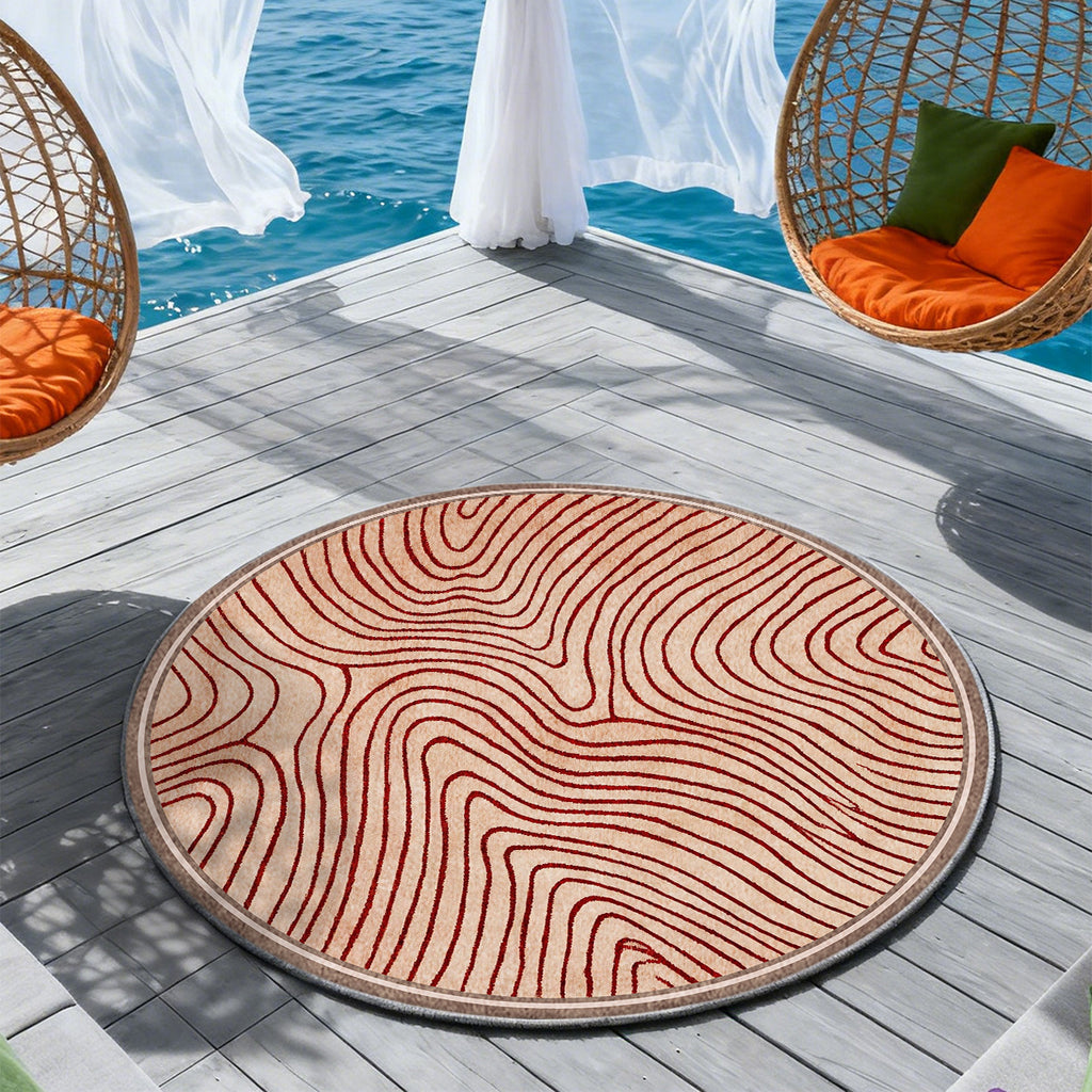 Tapis rond sable à vagues rouge profond en courbes tracées