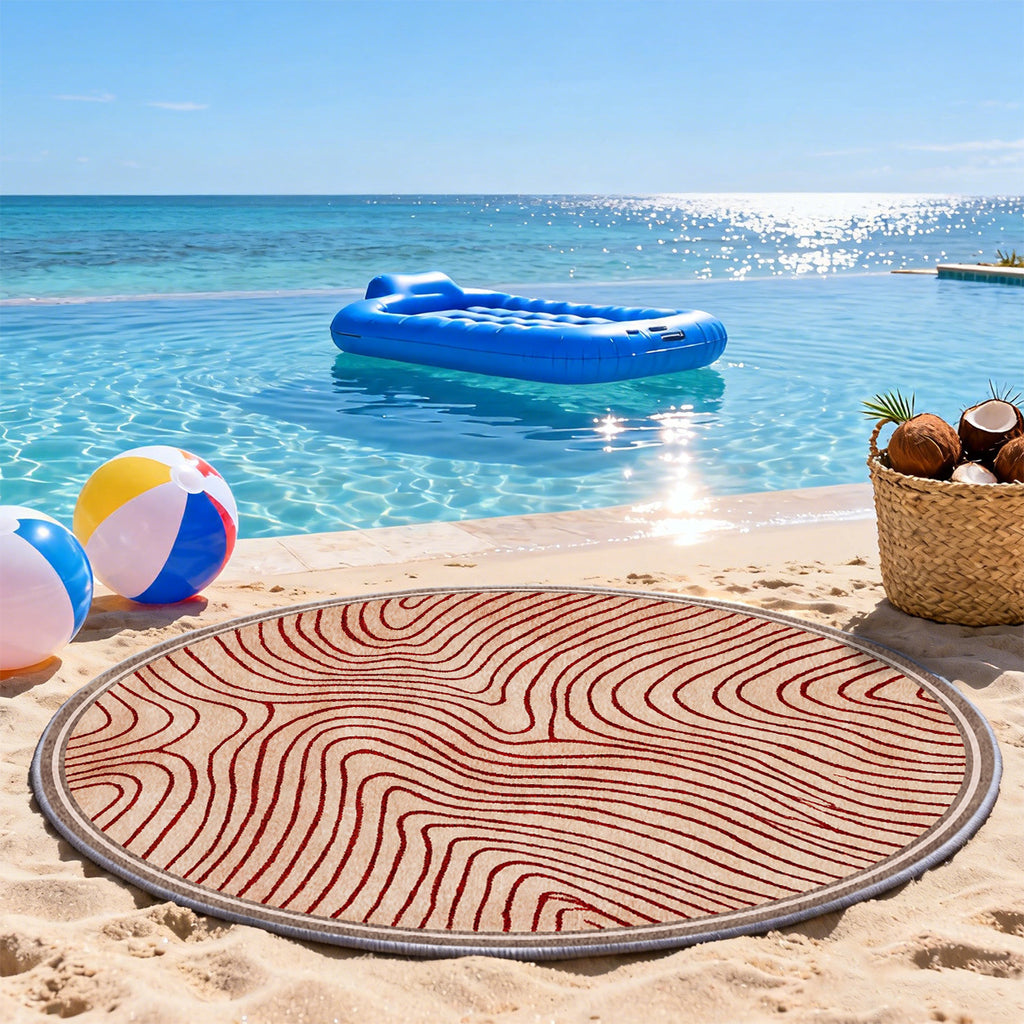 Tapis rond sable à vagues rouge profond en courbes tracées