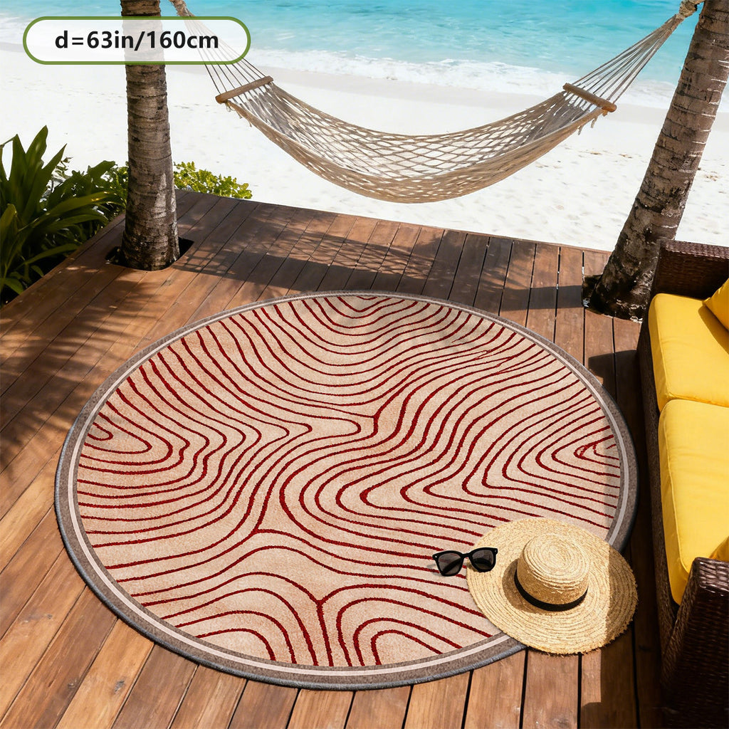 Tapis rond sable à vagues rouge profond en courbes tracées