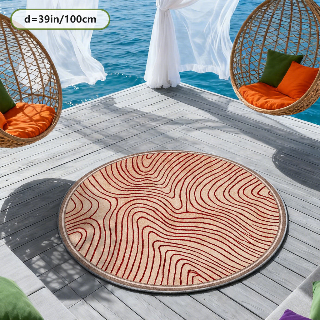 Tapis rond sable à vagues rouge profond en courbes tracées