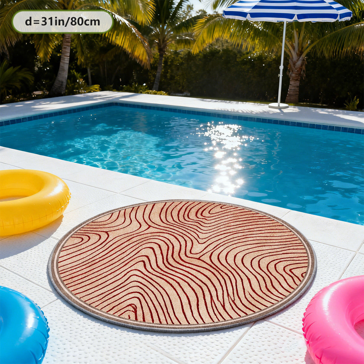 Tapis rond sable à vagues rouge profond en courbes tracées