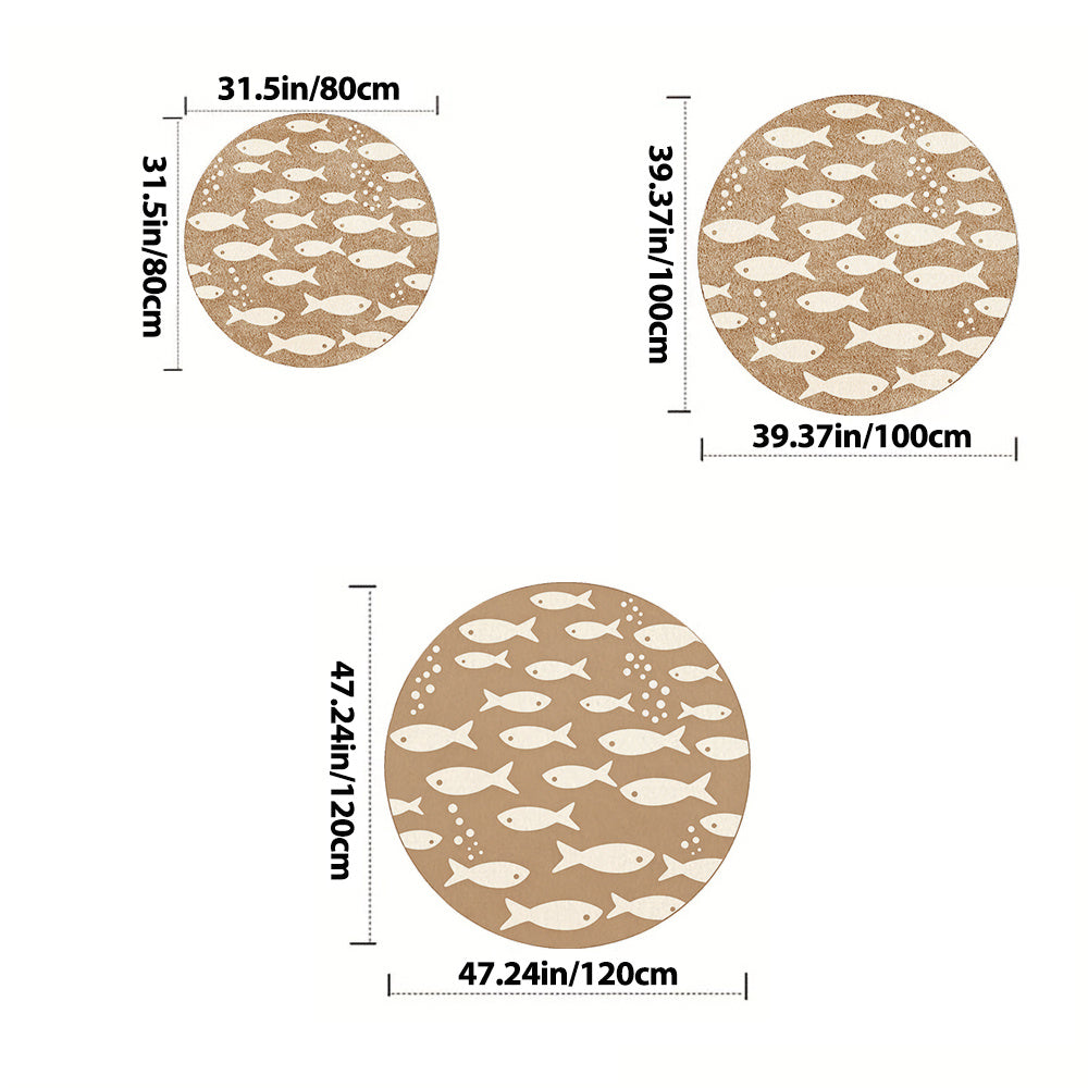 Tapis rond de salle de bain beige à motif banc de poissons
