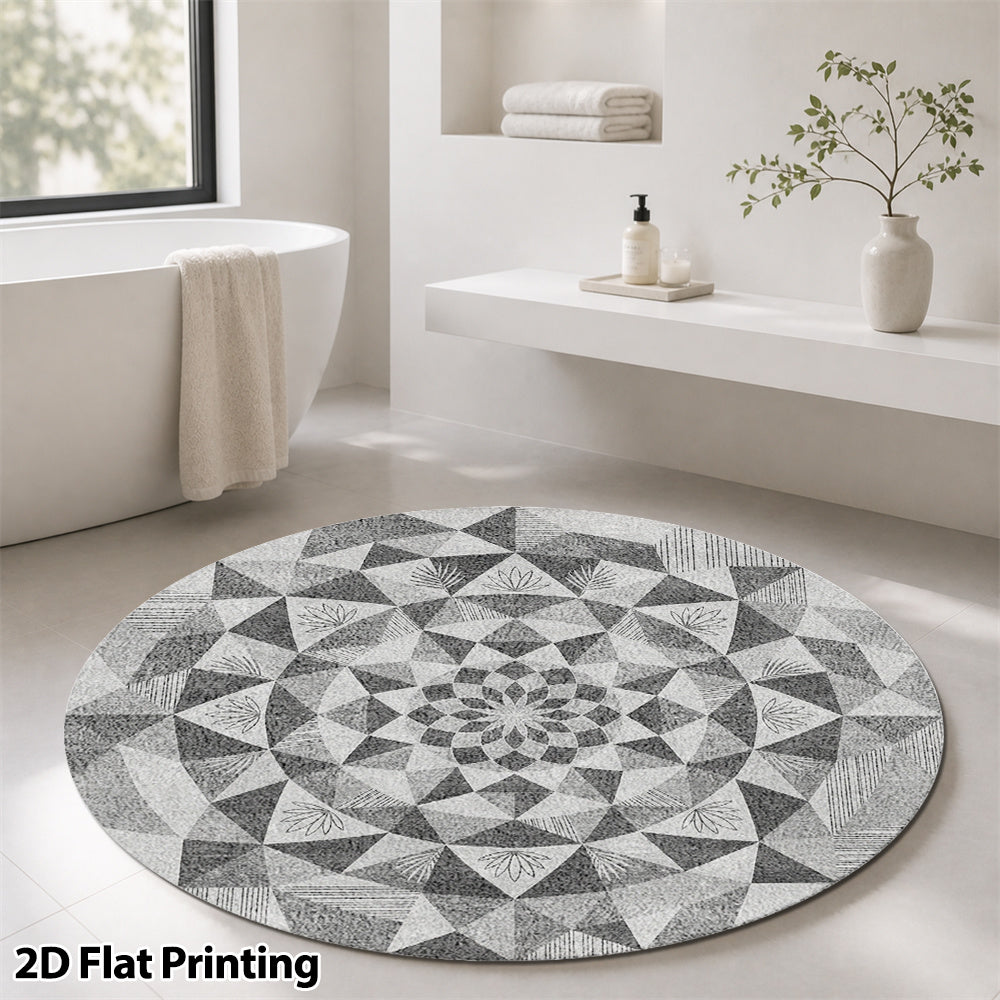Tapis rond salle de bain gris et blanc, motif kaléidoscope
