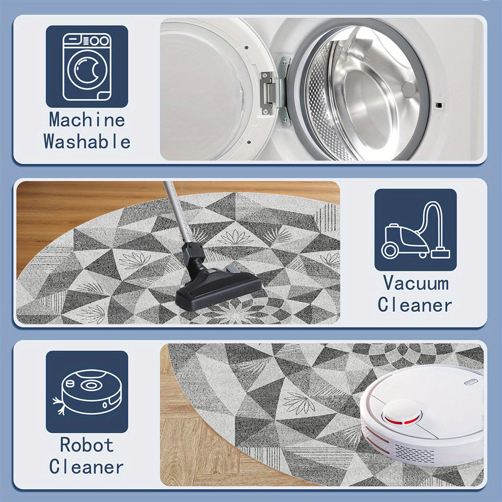 Tapis rond salle de bain gris et blanc, motif kaléidoscope