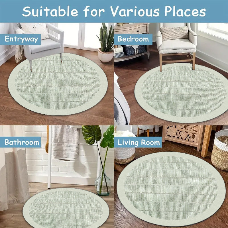 Tapis rond vert sauge rayé à bordure crème, deux tailles