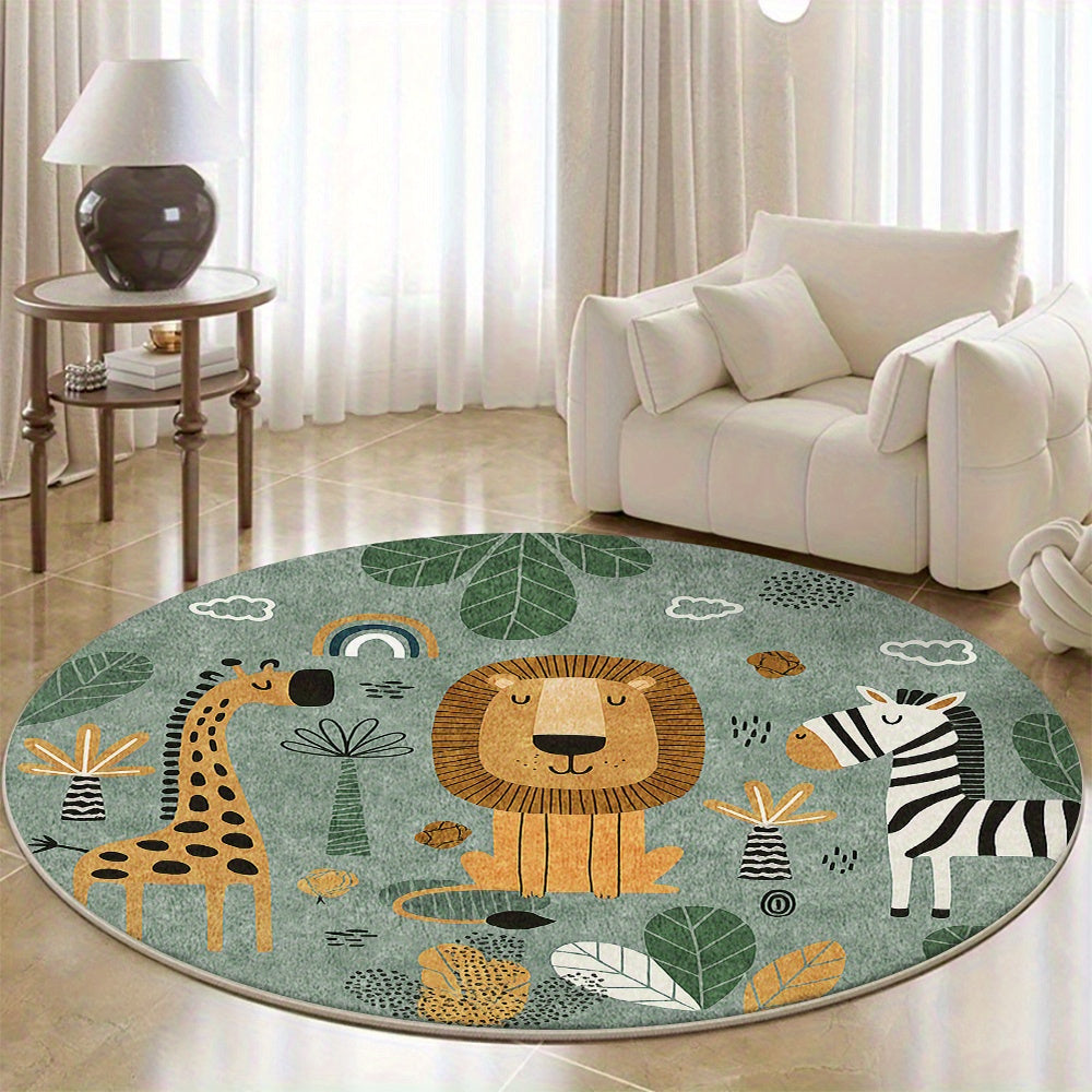 Tapis rond savane vert sauge, lion girafe et zèbre en 100 cm