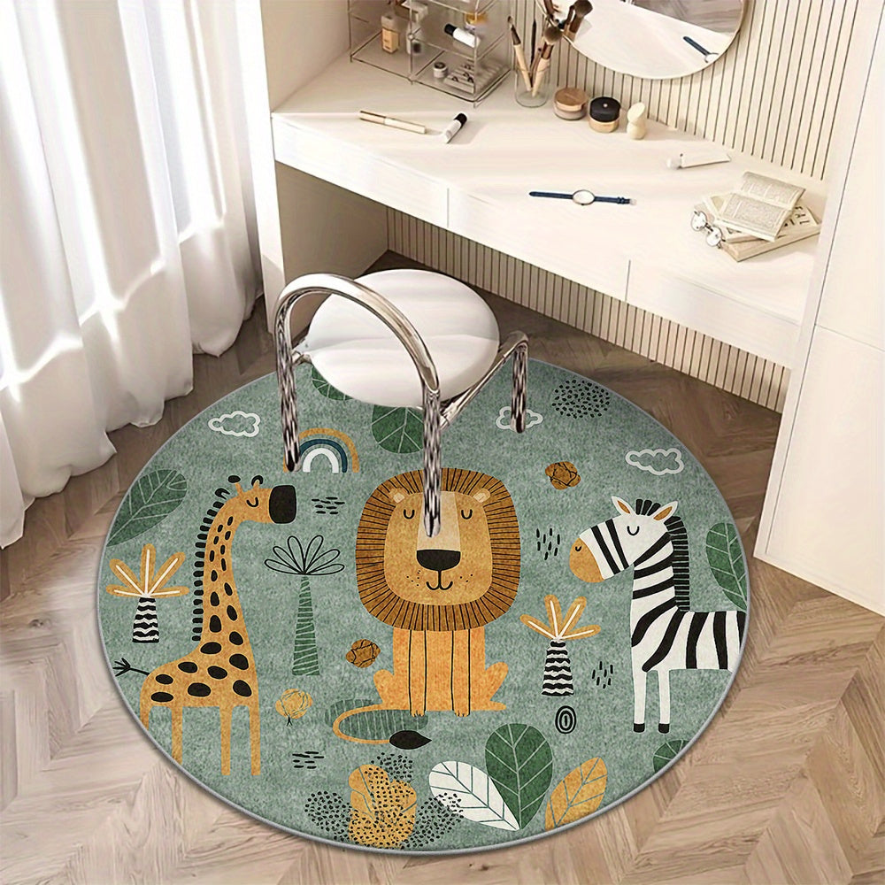 Tapis rond savane vert sauge, lion girafe et zèbre en 100 cm
