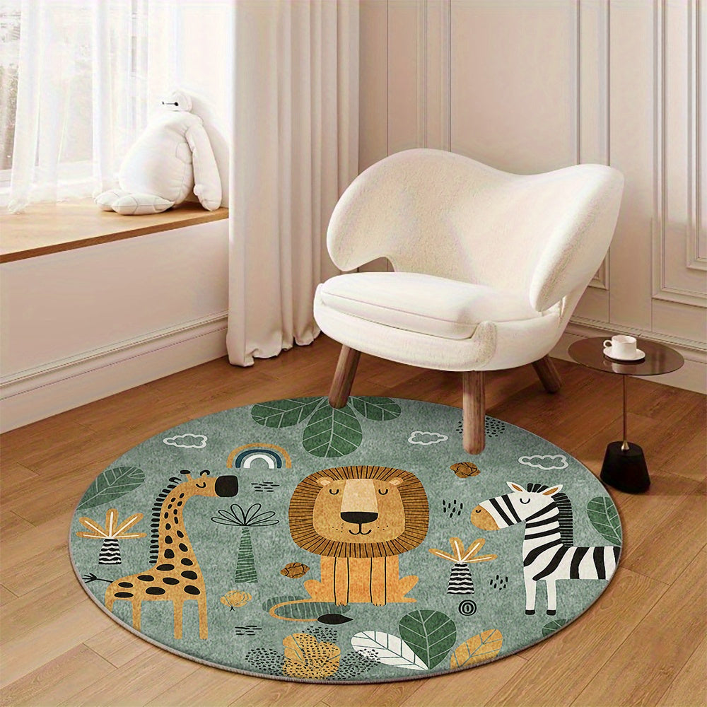 Tapis rond savane vert sauge, lion girafe et zèbre en 100 cm
