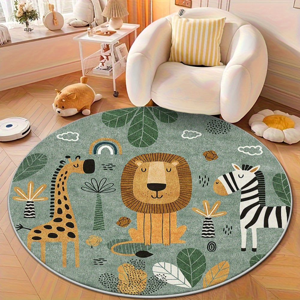 Tapis rond savane vert sauge, lion girafe et zèbre en 100 cm
