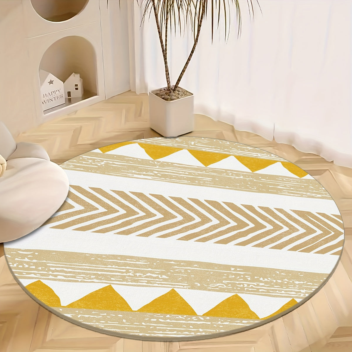 Tapis rond nordique moutarde à chevrons, cinq diamètres