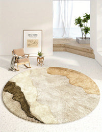 Tapis rond shaggy beige et kaki, encre abstraite, Ø 120 cm
