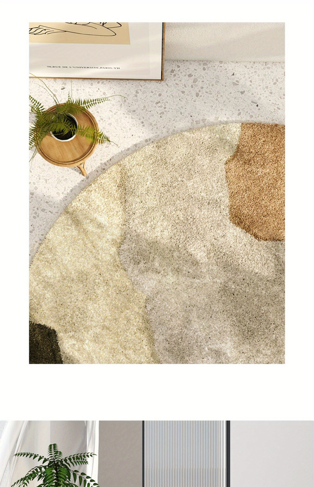 Tapis rond shaggy beige et kaki, encre abstraite, Ø 120 cm
