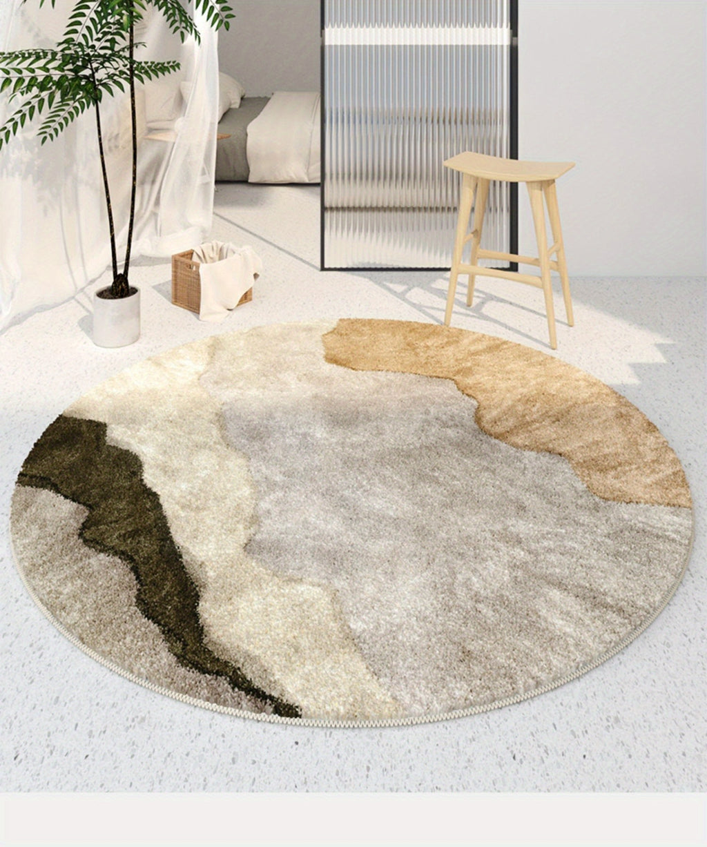 Tapis rond shaggy beige et kaki, encre abstraite, Ø 120 cm