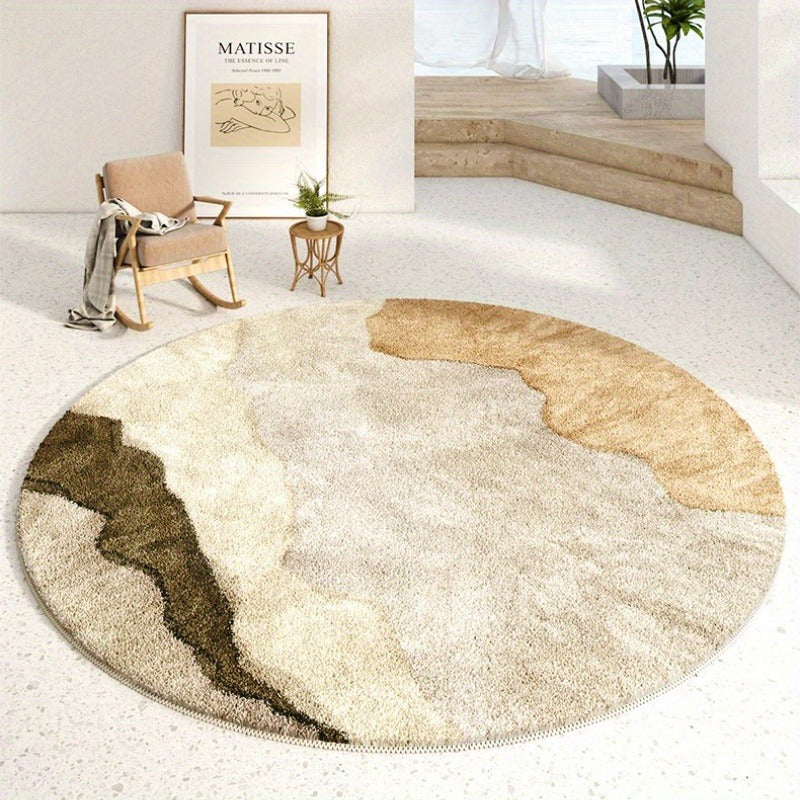 Tapis rond shaggy beige et kaki, encre abstraite, Ø 120 cm