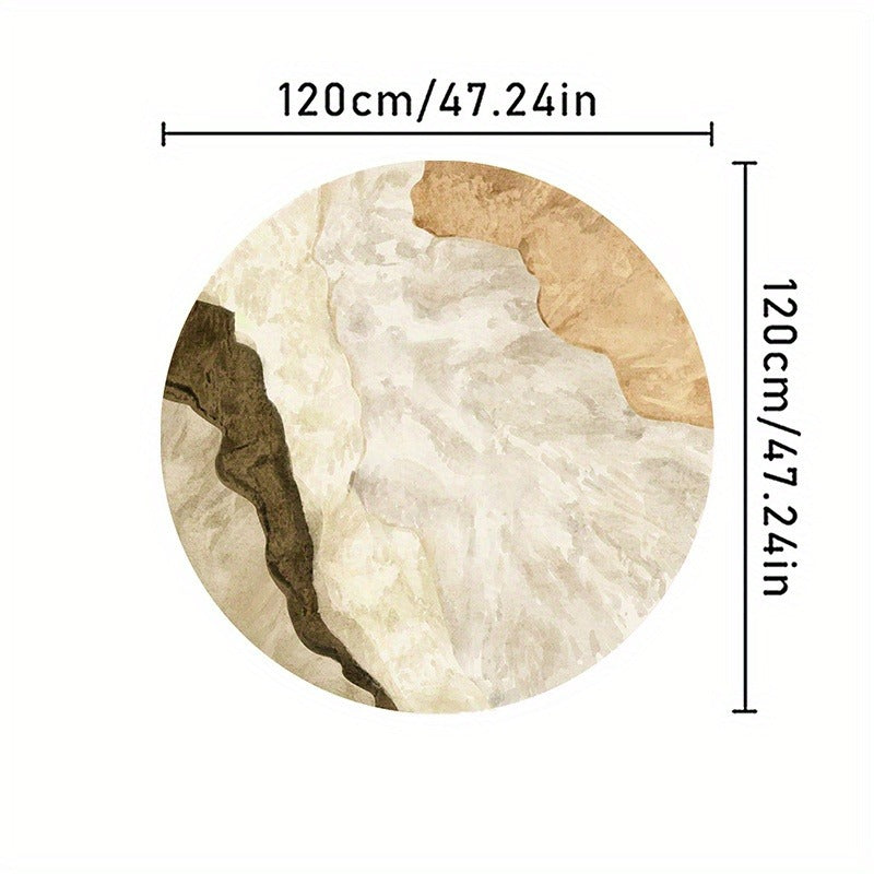 Tapis rond shaggy beige et kaki, encre abstraite, Ø 120 cm
