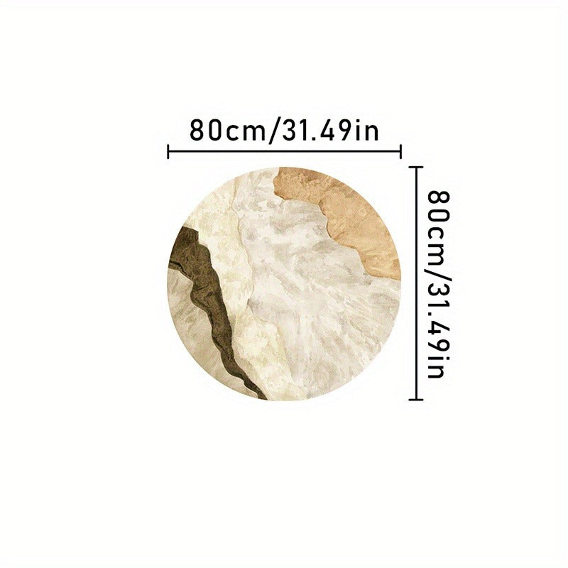 Tapis rond shaggy beige et kaki, encre abstraite, Ø 120 cm
