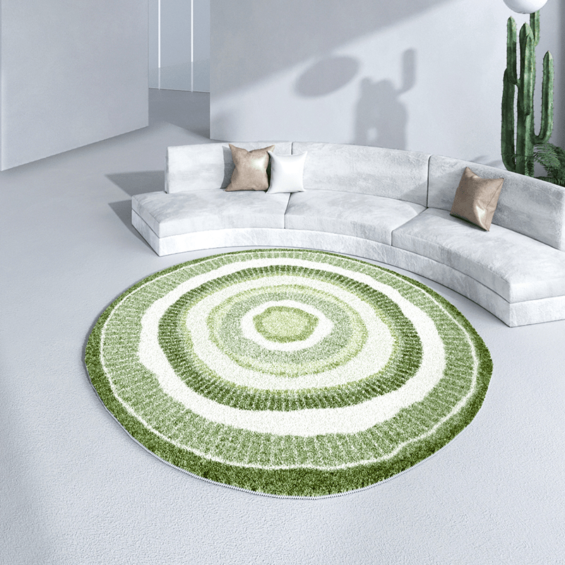 Tapis rond shaggy vert et crème à cercles, à poils longs