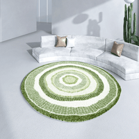 Tapis rond shaggy vert et crème à cercles, à poils longs