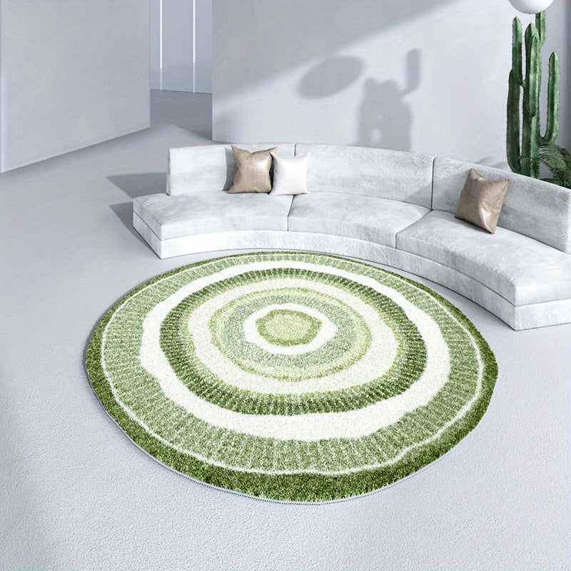 Tapis rond shaggy vert et crème à cercles, à poils longs