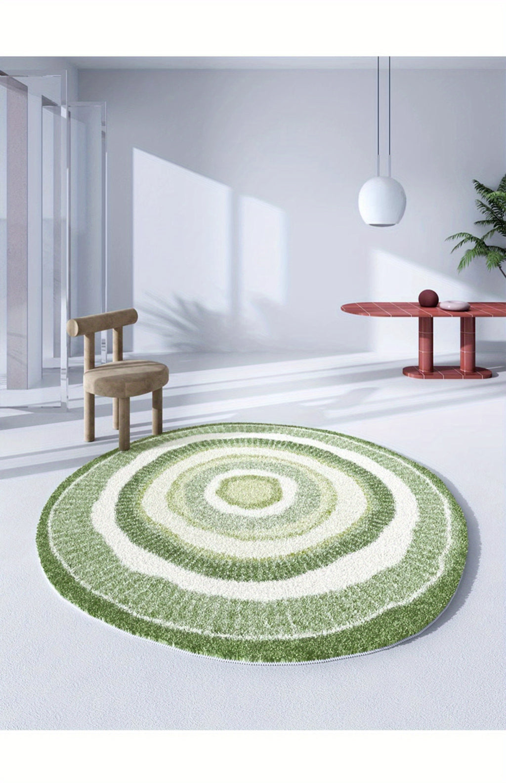 Tapis rond shaggy vert et crème à cercles, à poils longs