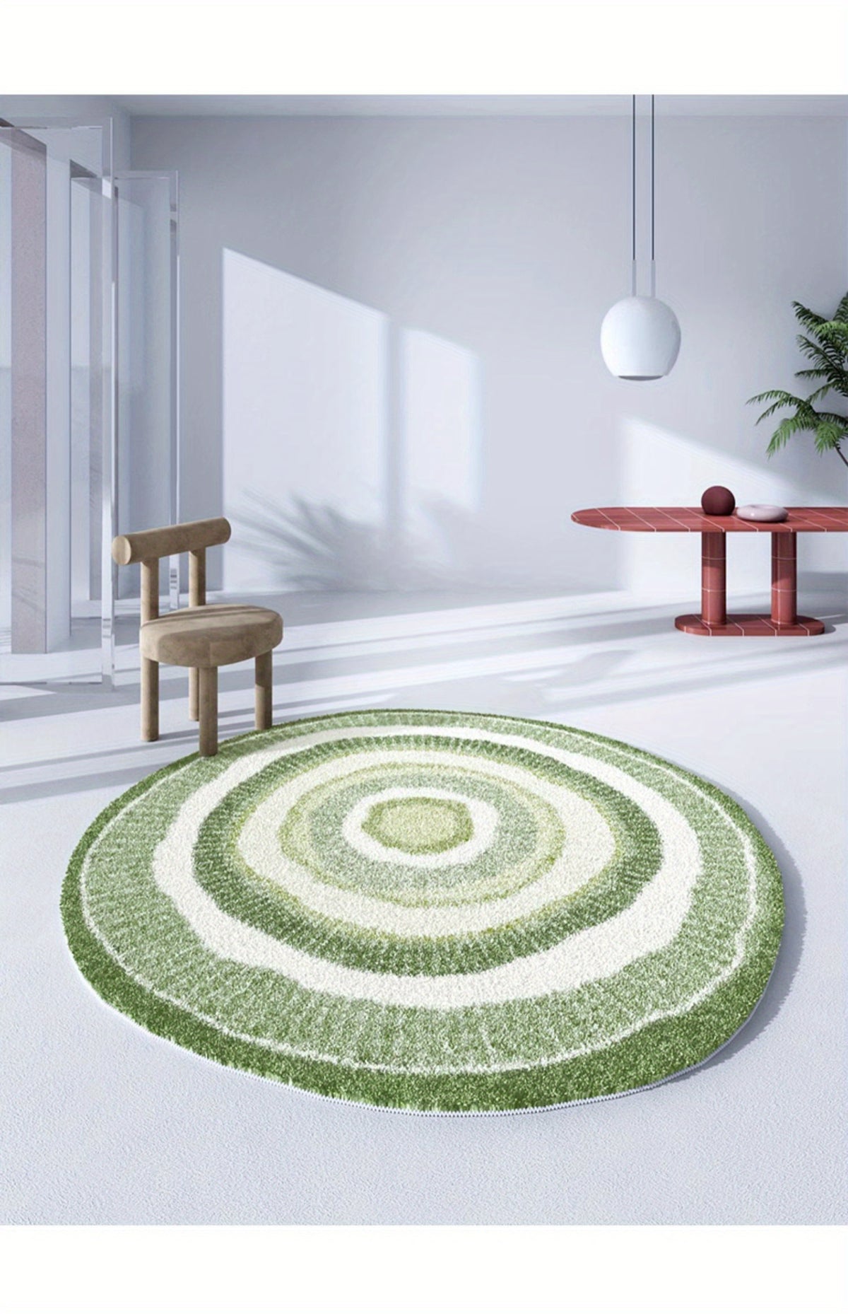 Tapis rond shaggy vert et crème à cercles, à poils longs