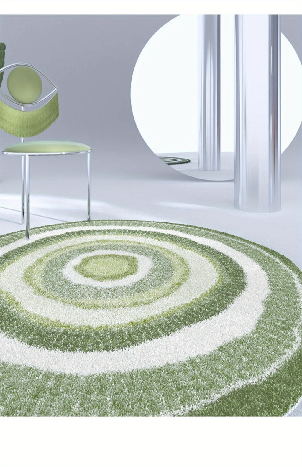 Tapis rond shaggy vert et crème à cercles, à poils longs