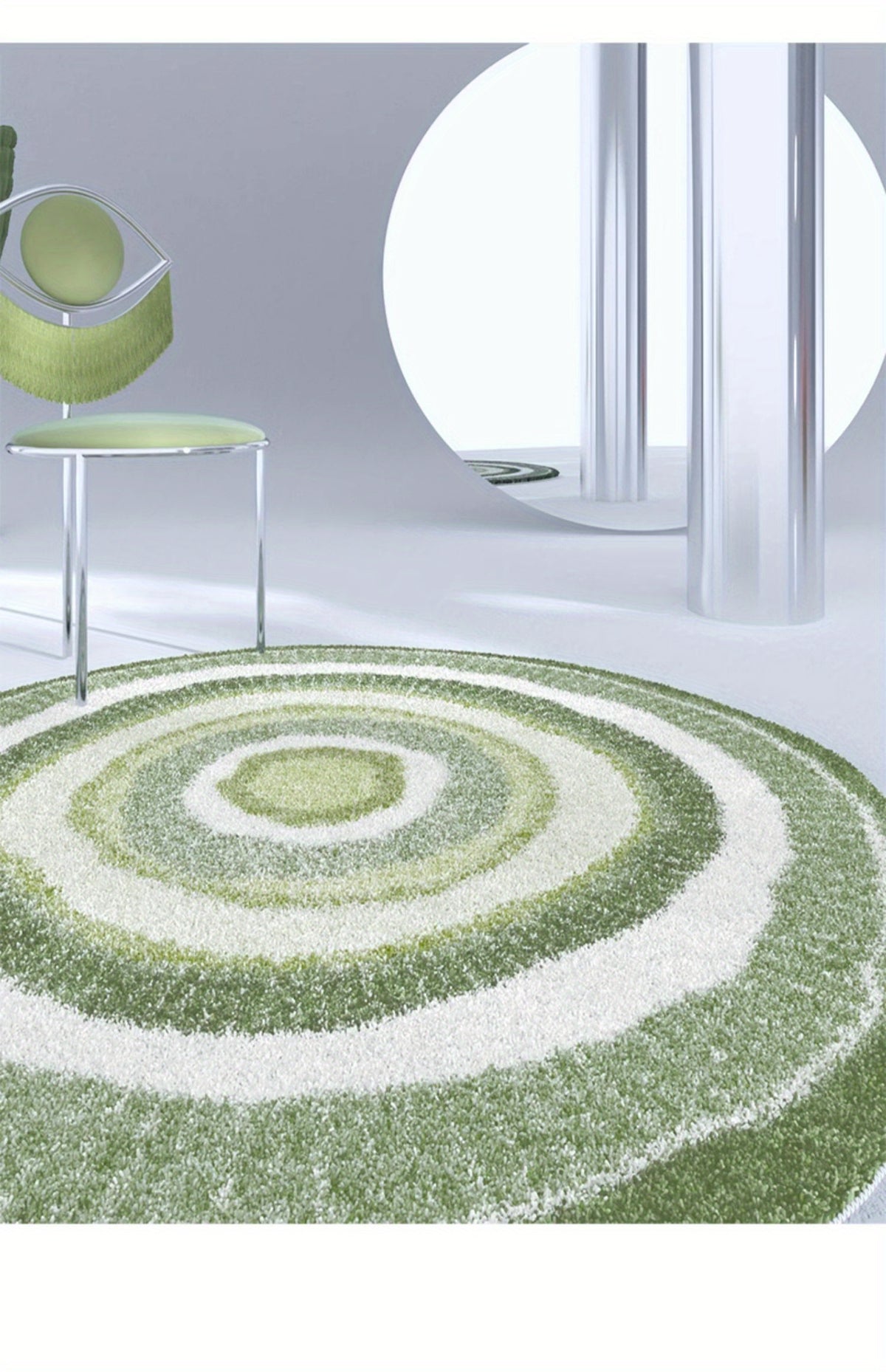 Tapis rond shaggy vert et crème à cercles, à poils longs