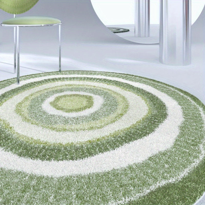 Tapis rond shaggy vert et crème à cercles, à poils longs