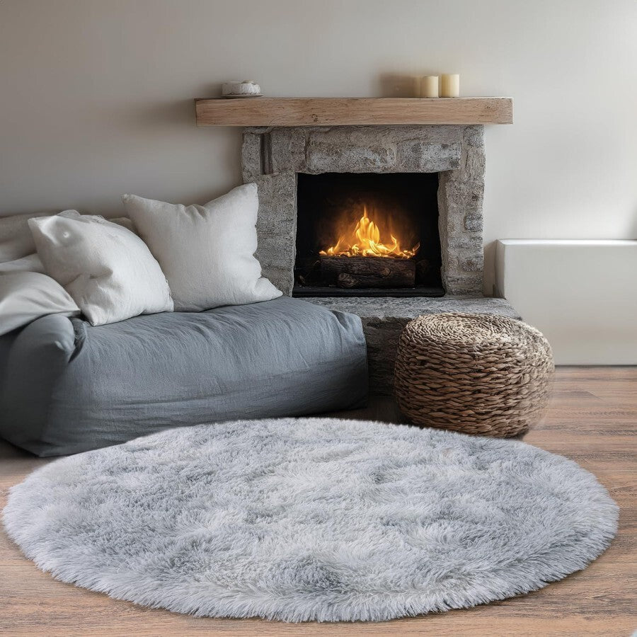 Grand tapis rond shaggy gris clair Ø 200 cm, dos caoutchouc
