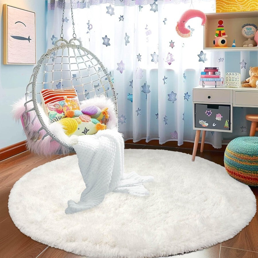 Tapis rond shaggy ivoire Ø 160 cm, poils de 43 mm déclarés