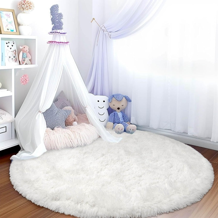 Tapis rond shaggy ivoire Ø 160 cm, poils de 43 mm déclarés