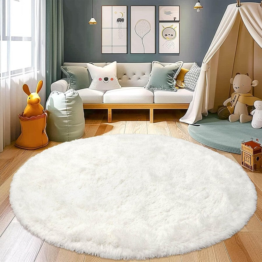 Tapis rond shaggy ivoire Ø 160 cm, poils de 43 mm déclarés