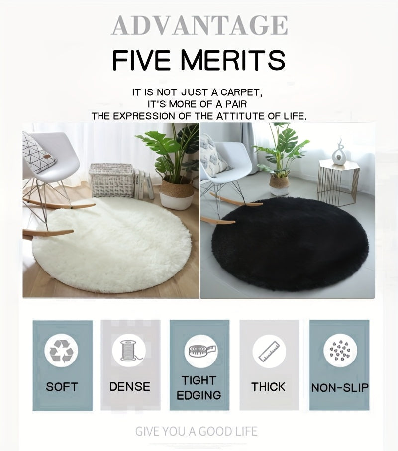 Tapis rond shaggy à poils longs, blanc ou noir, antidérapant