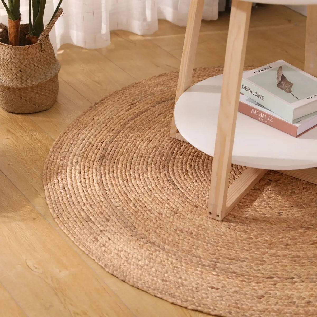 Tapis rond en sisal tressé main, spirale plate sans frange
