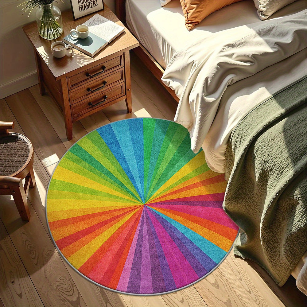 Tapis rond soleil arc-en-ciel, envers à pois, Ø 140 cm net
