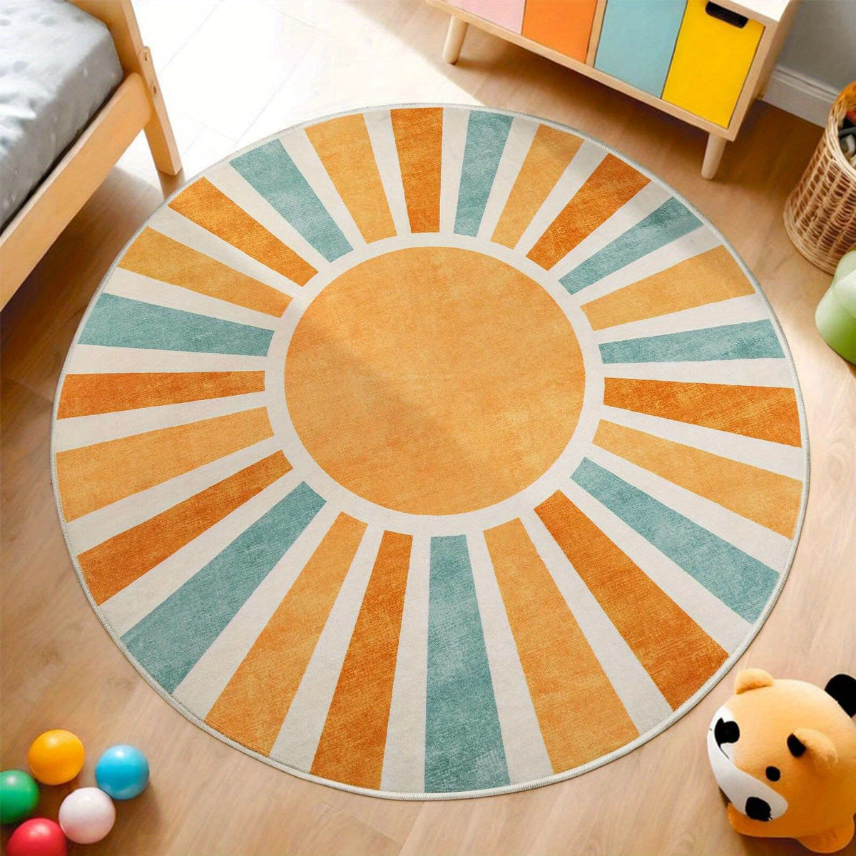 Tapis rond soleil levant ocre et vert sauge, Ø 100 cm fin