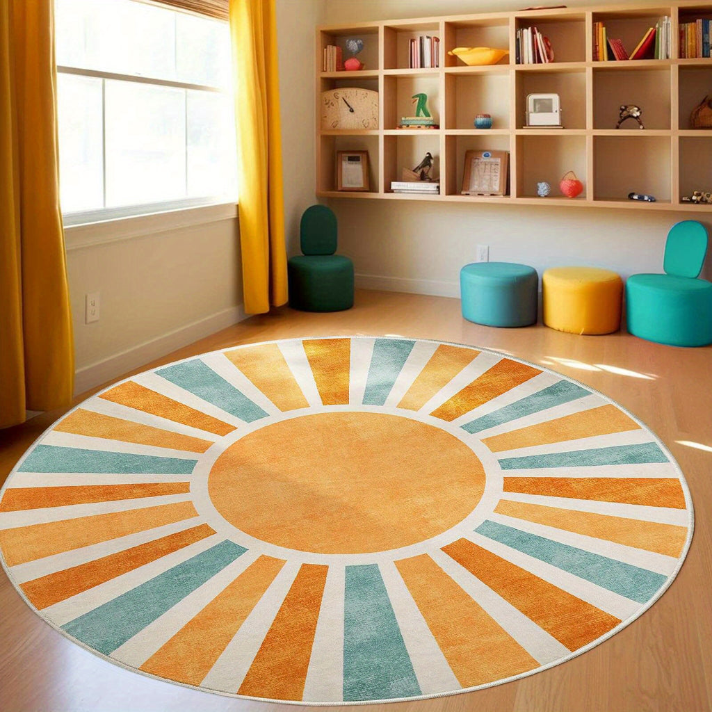 Tapis rond soleil levant ocre et vert sauge, Ø 100 cm fin