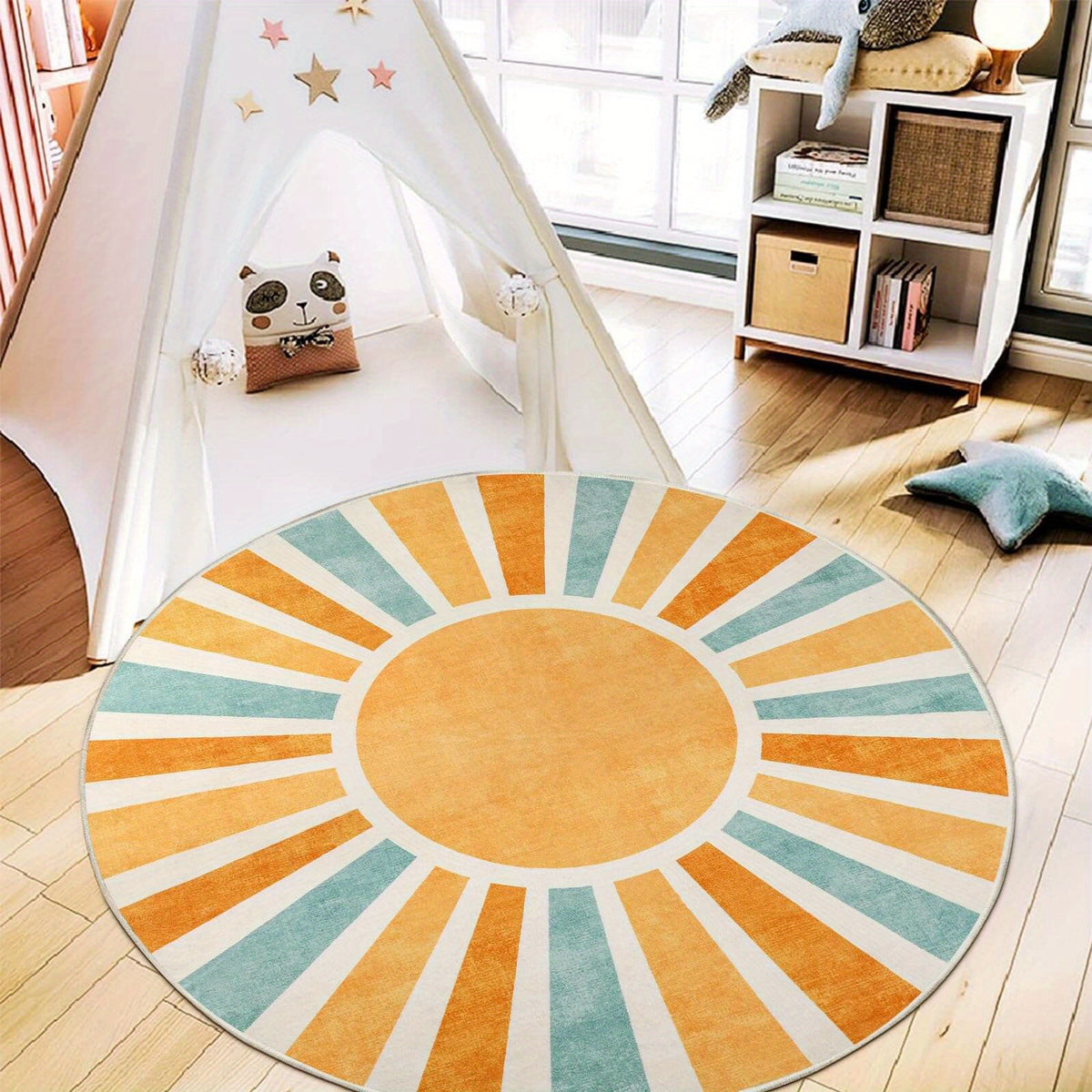 Tapis rond soleil levant ocre et vert sauge, Ø 100 cm fin