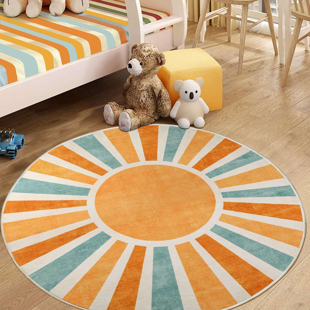 Tapis rond soleil levant ocre et vert sauge, Ø 100 cm fin