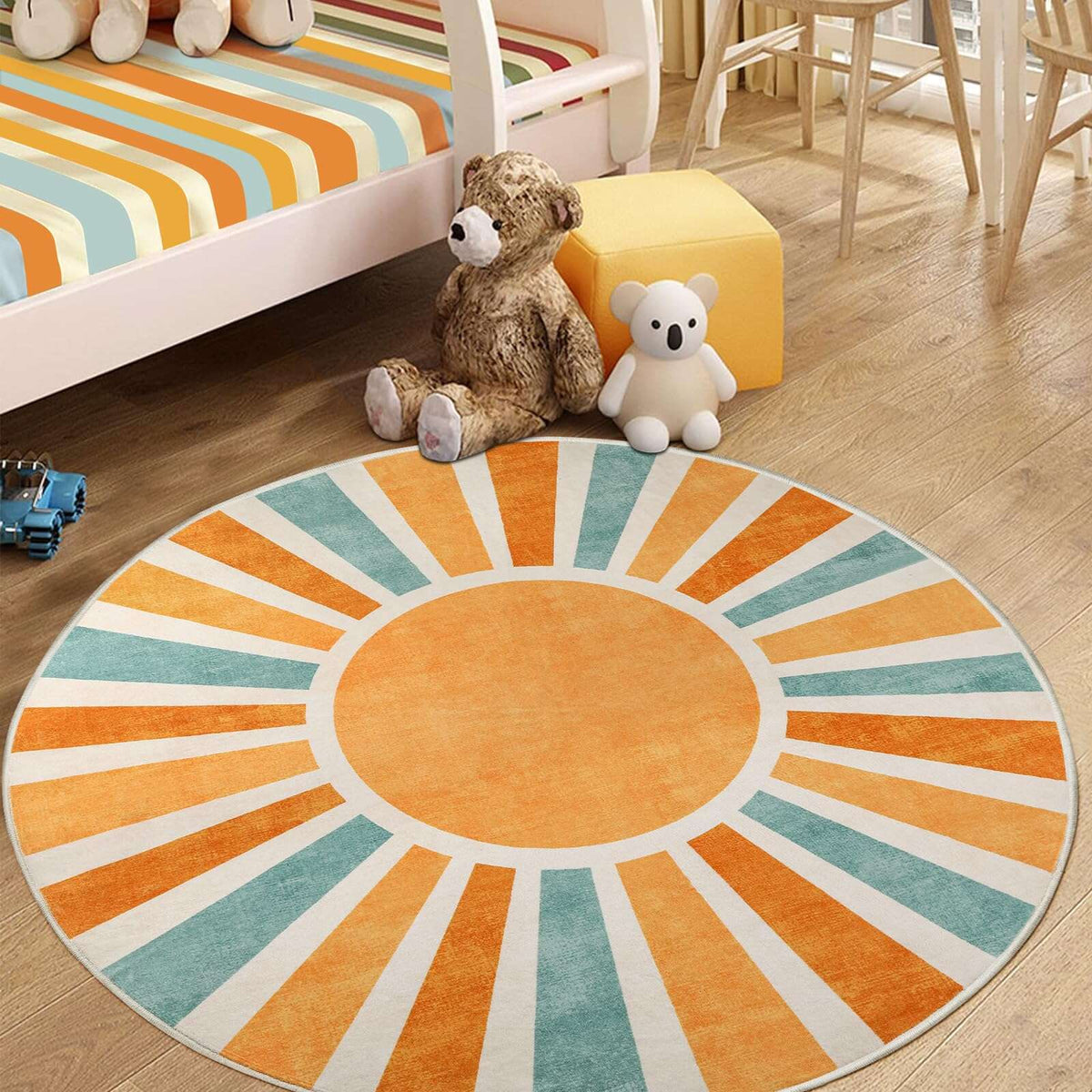 Tapis rond soleil levant ocre et vert sauge, Ø 100 cm fin