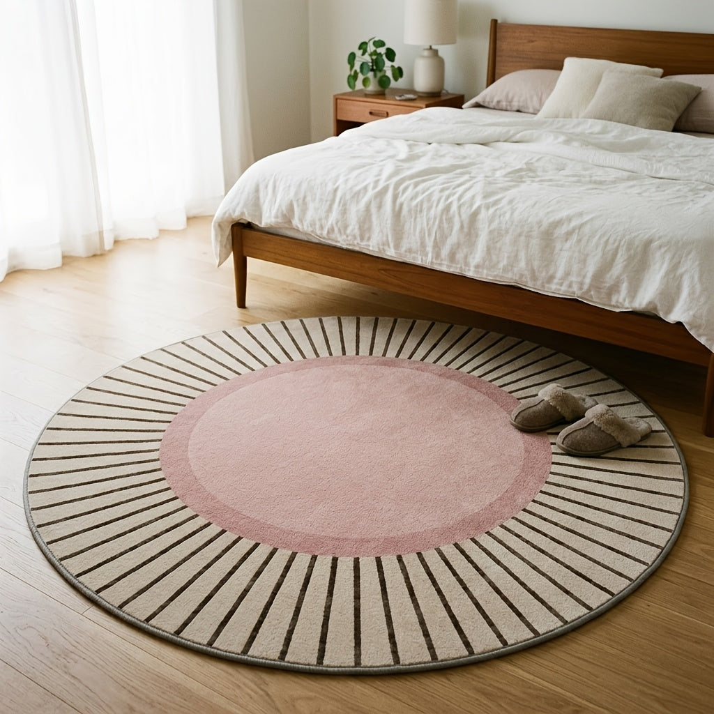 Tapis rond soleil rose poudré et écru, imprimé à plat 2D