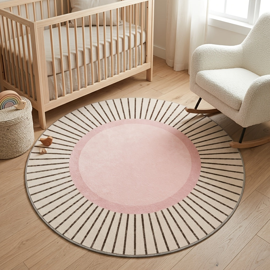Tapis rond soleil rose poudré et écru, imprimé à plat 2D