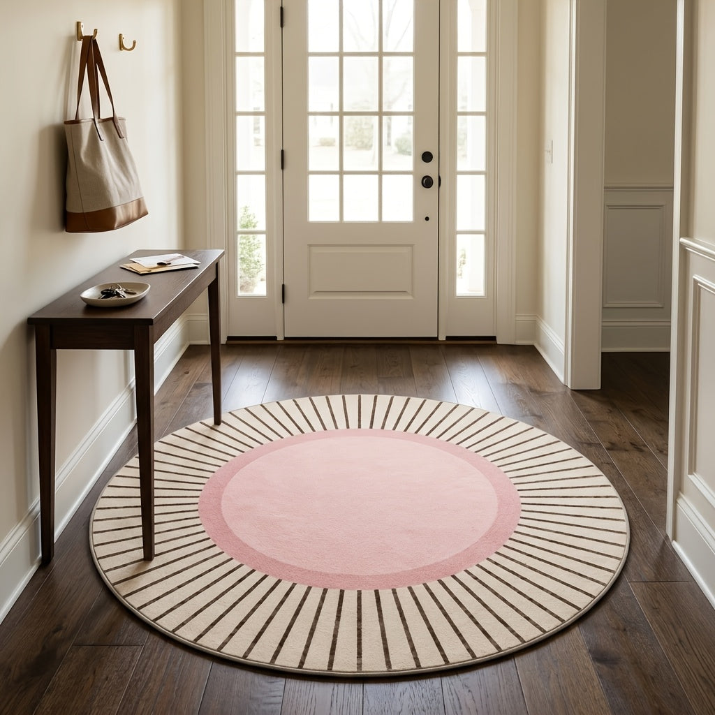 Tapis rond soleil rose poudré et écru, imprimé à plat 2D